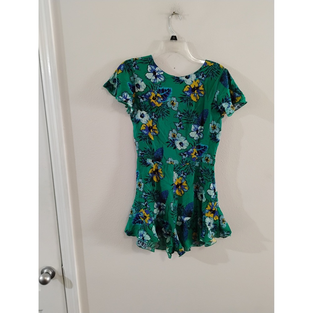 Society + Stitch Green Tropical Floral Ruffle Hem Romper Small